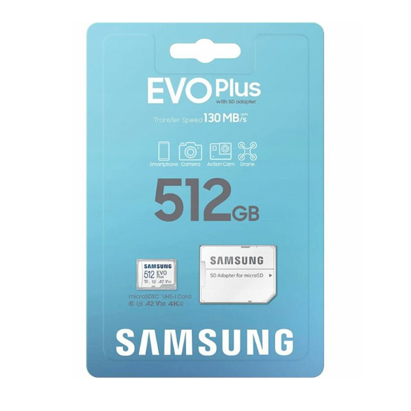 Samsung EVO PLUS microSDXC 512GB UHS-I U3 A2 V30 class 10 memory card + adapter for SD